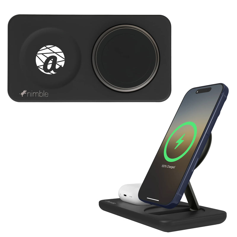 Nimble Podium 2-in-1 Wireless Charging Stand in Black, supplier decorated front view