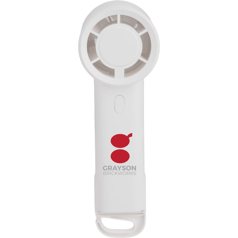 Pocket Chill Cooling Fan with 2,000 mAh Power Bank in White, supplier decorated front view