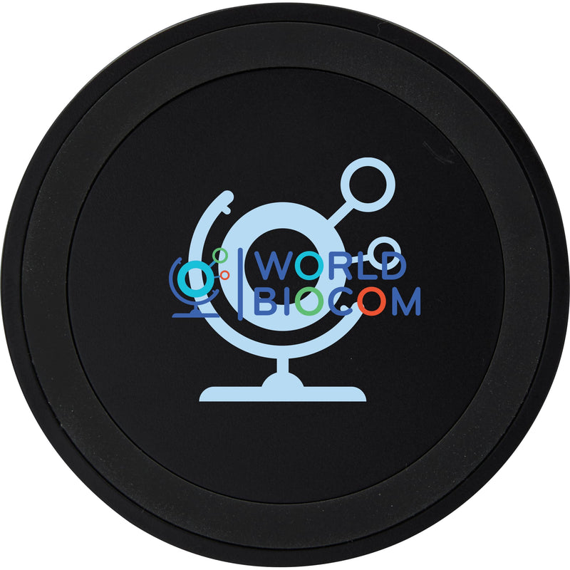 Quake 2.0 15W Wireless Charging Pad in Black on Black, supplier decorated front view