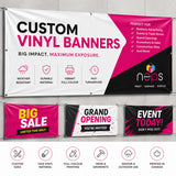 Custom vinyl banners printed in Toronto and Mississauga featuring full colour graphics, weather resistant 13 oz vinyl, custom sizes, and indoor or outdoor promotional signage.