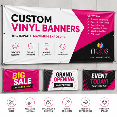 Custom vinyl banners printed in Toronto and Mississauga featuring full colour graphics, weather resistant 13 oz vinyl, custom sizes, and indoor or outdoor promotional signage.
