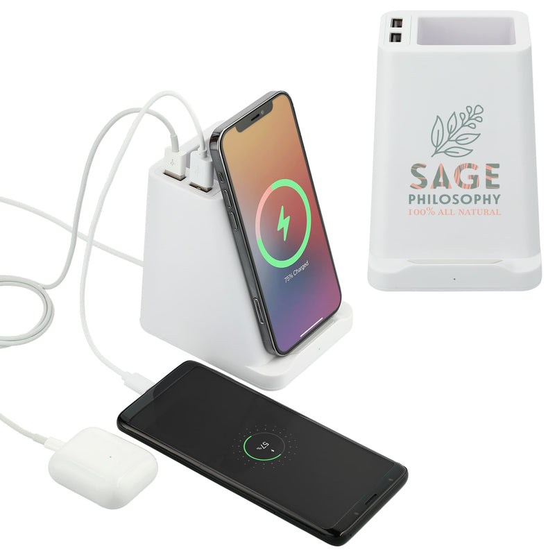 Wireless Charging Pen Holder w/ Dual Outputs, white, supplier-decorated front view