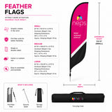 Feather flag specifications including available sizes, carrying case, fiber pole hardware, ground stake, storage sleeve, and portable indoor or outdoor display features.