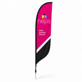 Feather flag with full colour printing, fiber pole hardware, and ground stake for trade shows, storefronts, outdoor advertising, grand openings, and promotional events.