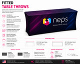 Fitted table throw specifications including available 6' and 8' sizes, full colour printing, dye sublimation, shipping information, product options, and event display features.