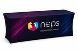 Custom fitted table throw with full colour printing for 6' and 8' trade show tables, ideal for exhibitions, conferences, retail displays, and promotional events.