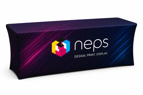 Custom fitted table throw with full colour printing for 6' and 8' trade show tables, ideal for exhibitions, conferences, retail displays, and promotional events.