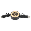FSC® 100% Bamboo Retractable 5-in-1 Charging Cable in Black — supplier decorated front view