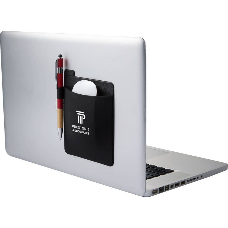 Grab & Go Mouse Carrying Pouch with Adhesive in Black — supplier decorated view