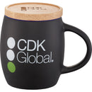 Hearth Ceramic Mug with FSC®100% Wood Lid/Coaster 15oz — Black w/Blue Trim — supplier decoration example