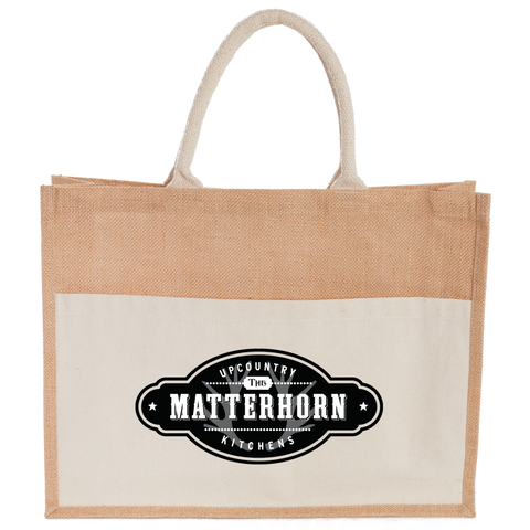 Jute Shopper Tote with Recycled Cotton Pocket custom branded promotional totes