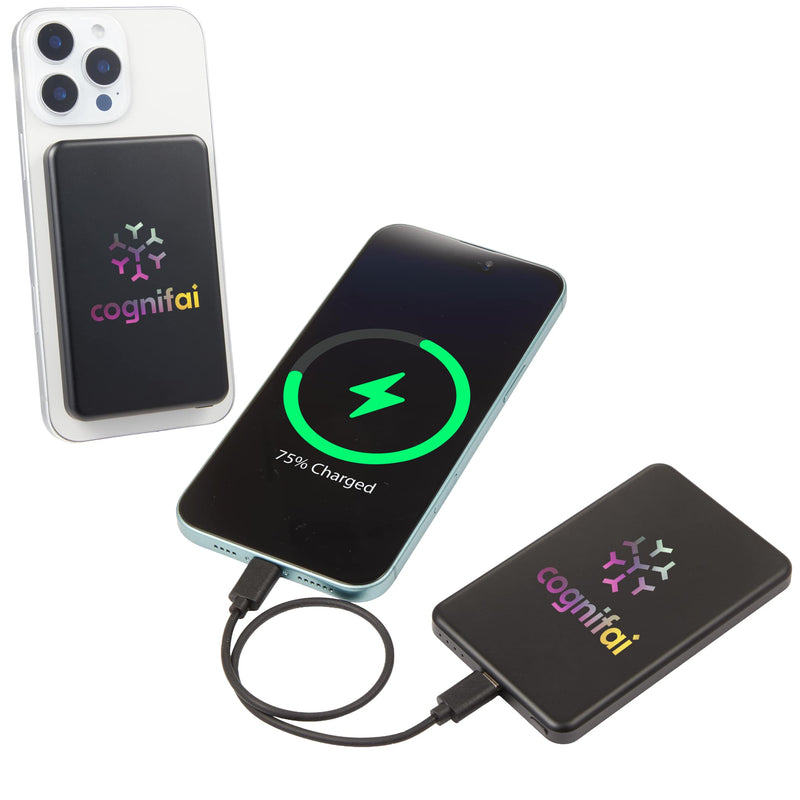 MagClick™ 5,000 mAh Slim Aluminum Power Bank in Black — supplier decorated detail view