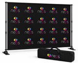 Custom media walls and step and repeat backdrops with full colour printing, telescopic hardware, and carrying case for trade shows, conferences, corporate events, photo backdrops, and promotional displays.