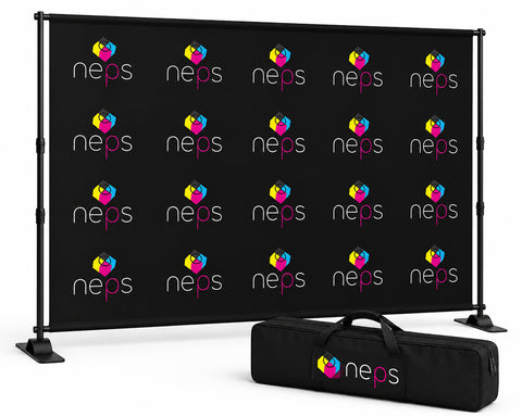 Custom media walls and step and repeat backdrops with full colour printing, telescopic hardware, and carrying case for trade shows, conferences, corporate events, photo backdrops, and promotional displays.