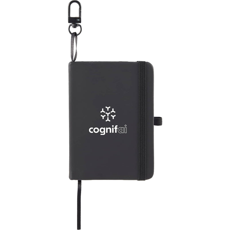 Mini Recycled Notebook with Clip in Black — supplier decorated front view