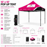 10' x 10' Pop Up Tents showing sizes, accessories and product specifications. — 2