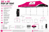 20' x 10' Pop Up Tents showing sizes, accessories and product specifications. — 2