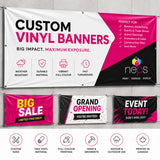 Custom printed vinyl banner with promotional examples and finishing options. — 1