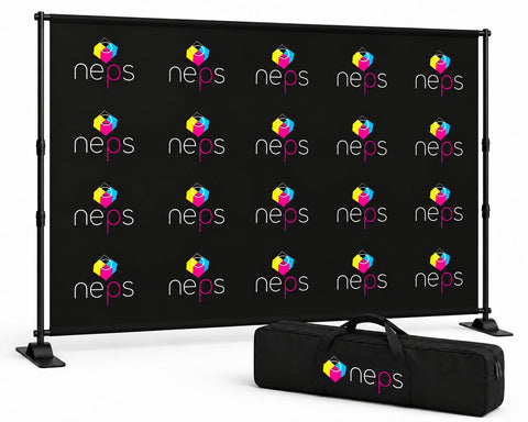 NEPS step and repeat backdrop with telescopic frame and carrying bag.