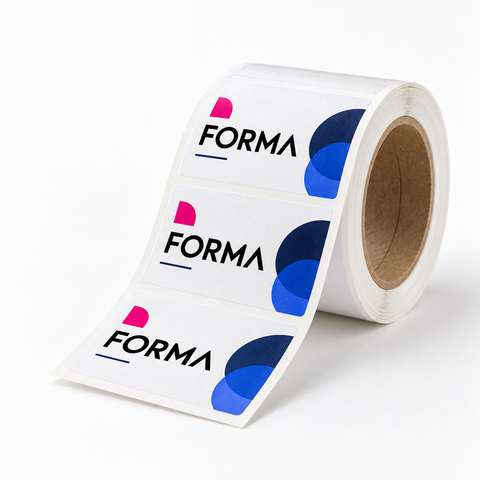 Roll of rectangular white labels with magenta, navy and cobalt FORMA branding and a short unrolled strip on a white background