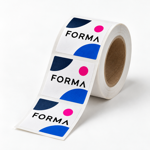 Roll of square white labels with magenta, navy and cobalt FORMA branding and a short unrolled strip on a white background