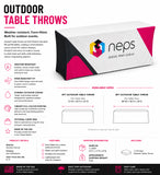 Outdoor table throw specifications including 6' and 8' sizes, weather resistant canvas, full colour printing, shipping information, and outdoor event display features.