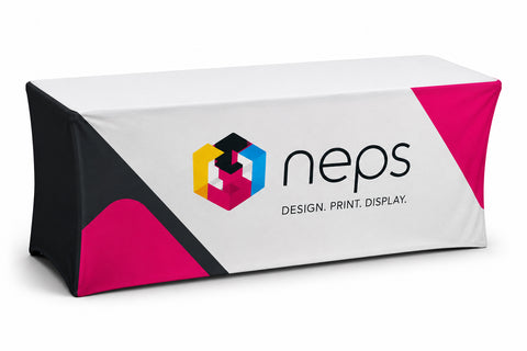 Outdoor fitted table throw with full colour printing for 6' and 8' tables, featuring weather resistant canvas for outdoor trade shows, festivals, markets, and promotional events.