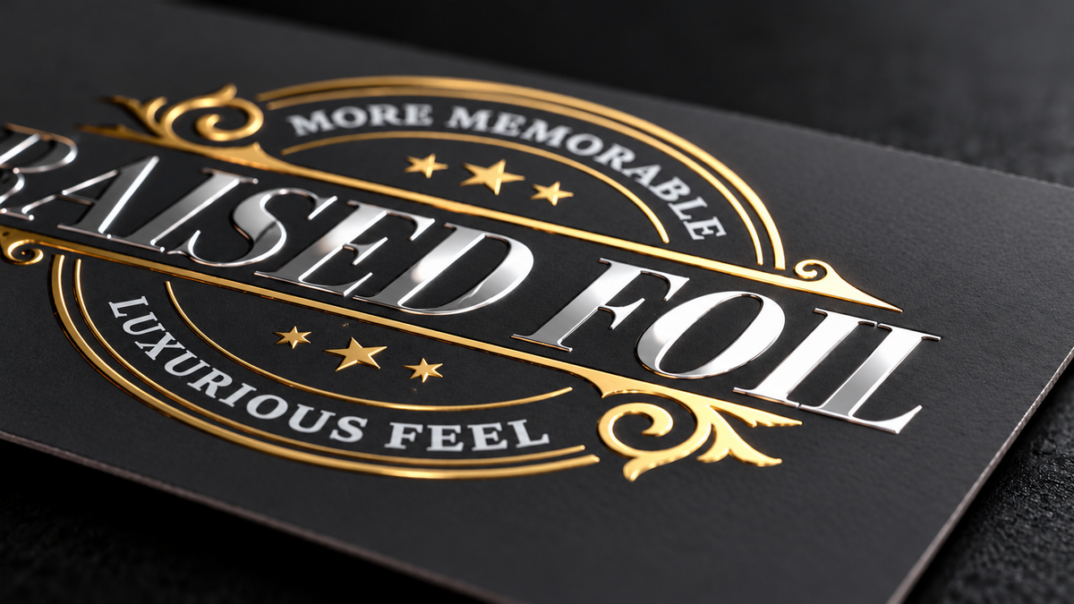 Close-up of smooth raised silver lettering and gold foil detailing on a black suede soft touch business card