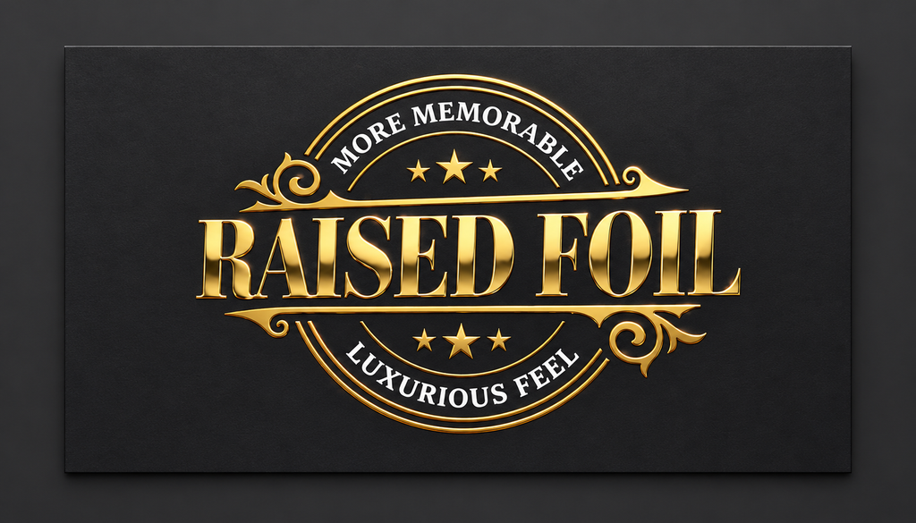 Smooth raised gold foil lettering and circular details on a black suede soft touch business card
