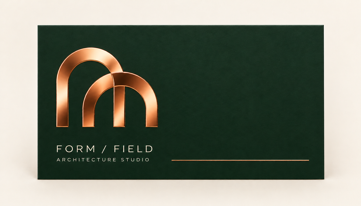 Copper foil geometric logo on a forest green suede soft touch business card