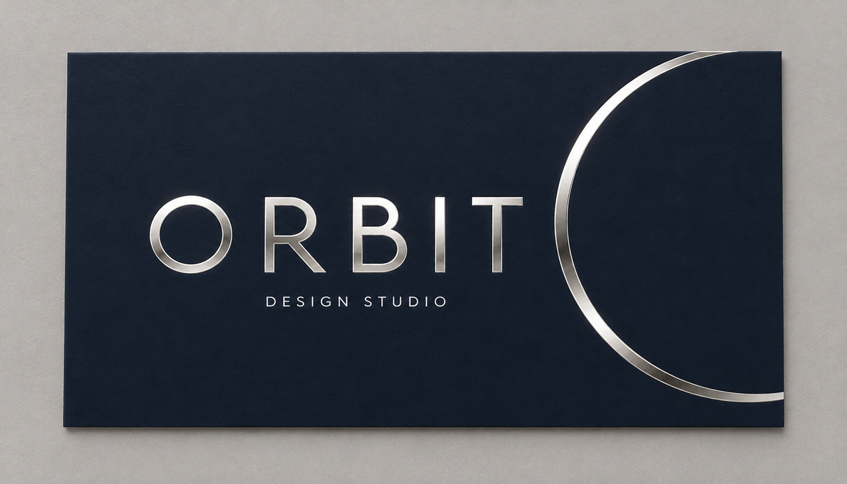 Silver foil typography and orbital line on a midnight navy business card