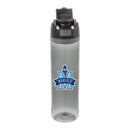 Reef 30oz Recycled Tritan Bottle — Black — decorated front view with open flip-top lid