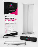 Retractable banner stands and roll up banners with full colour custom printing, portable aluminum hardware, and carrying cases for trade shows, conferences, retail promotions, and corporate events.