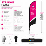 Straight flag specifications including available sizes, carrying case, fiber pole hardware, ground stake, storage sleeve, and portable indoor or outdoor display features