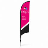Straight flag with full colour printing, fiber pole hardware, and ground stake for trade shows, storefronts, outdoor advertising, grand openings, retail promotions, and event marketing.
