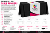 Table runner specifications including available 24", 30", 36", and 60" widths, full colour dye sublimation printing, shipping information, and event display features.