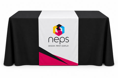 Printed table runner displayed on a black tablecloth with full colour branding, ideal for trade shows, conferences, retail displays, and promotional events.