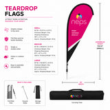 Teardrop flag specifications including available sizes, carrying case, fibre pole hardware, ground stake, storage sleeve, and portable event display features.