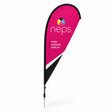 Custom teardrop flag with full colour printing, fibre pole hardware, and ground stake for trade shows, storefronts, outdoor events, and promotional advertising.