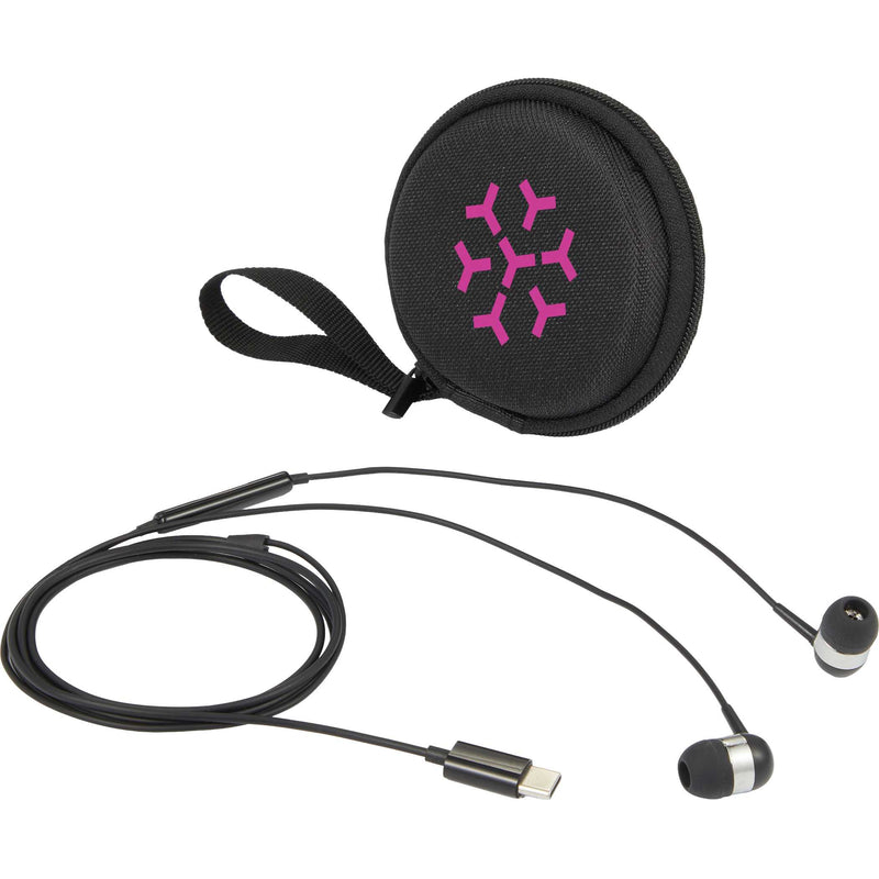ZipSound USB-C Wired Earbuds with Microphone in Black — supplier decorated view