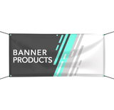 Custom vinyl banner with a grey and teal printed design, grommets and corner ties. — 3