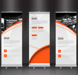 Three printed retractable banner stands shown side by side. — 2