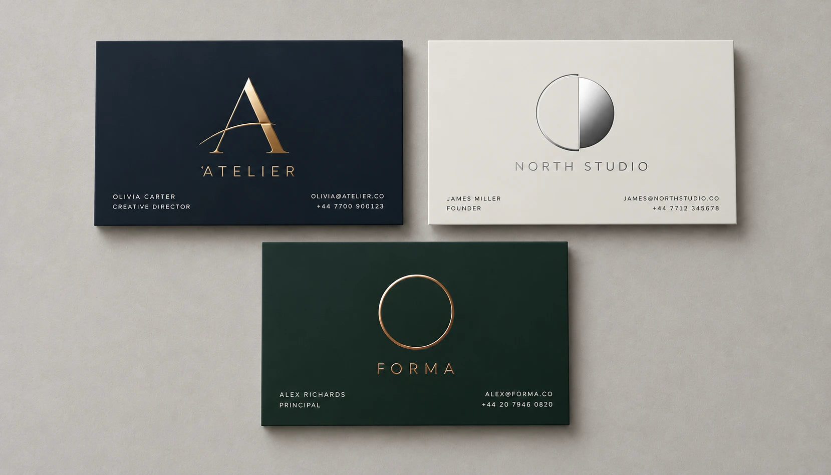 Modern gold, silver and copper foil card designs